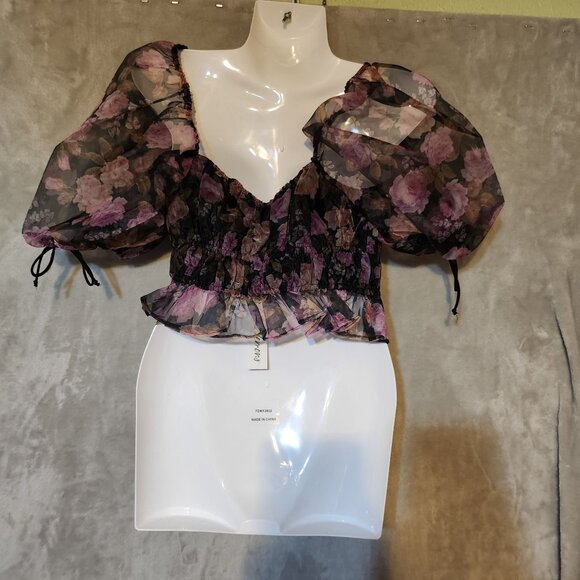 For Love & Lemons Sunshine‎ Sheer Floral Puff Sleeve Crop Top Drawstring Detail - Picture 7 of 7